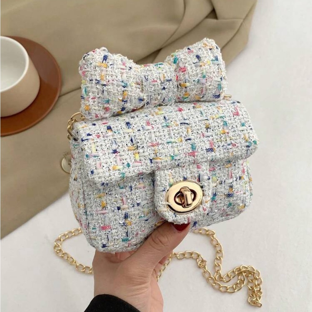 Chic White & Rainbow Multi Tweed Mini Flap Crossbody Bag w Top Bow OS New